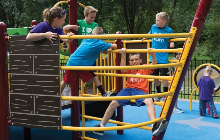 A group of kids playing together on playground equipment.